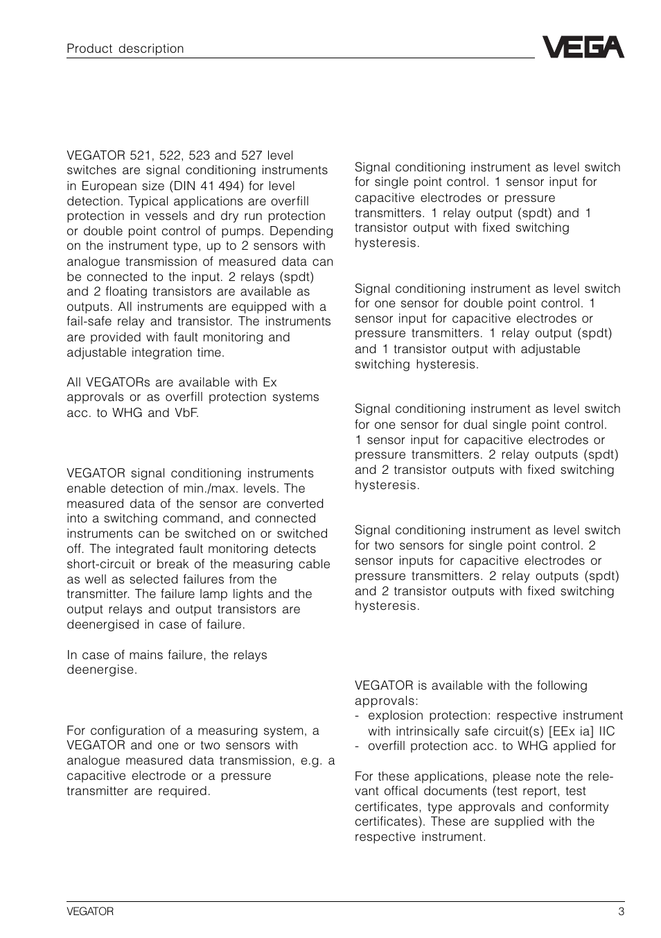1 product description, 1 function and configuration, 2 types and versions | 3 approvals | VEGA VEGATOR 521, 522, 523, 527 User Manual | Page 3 / 24