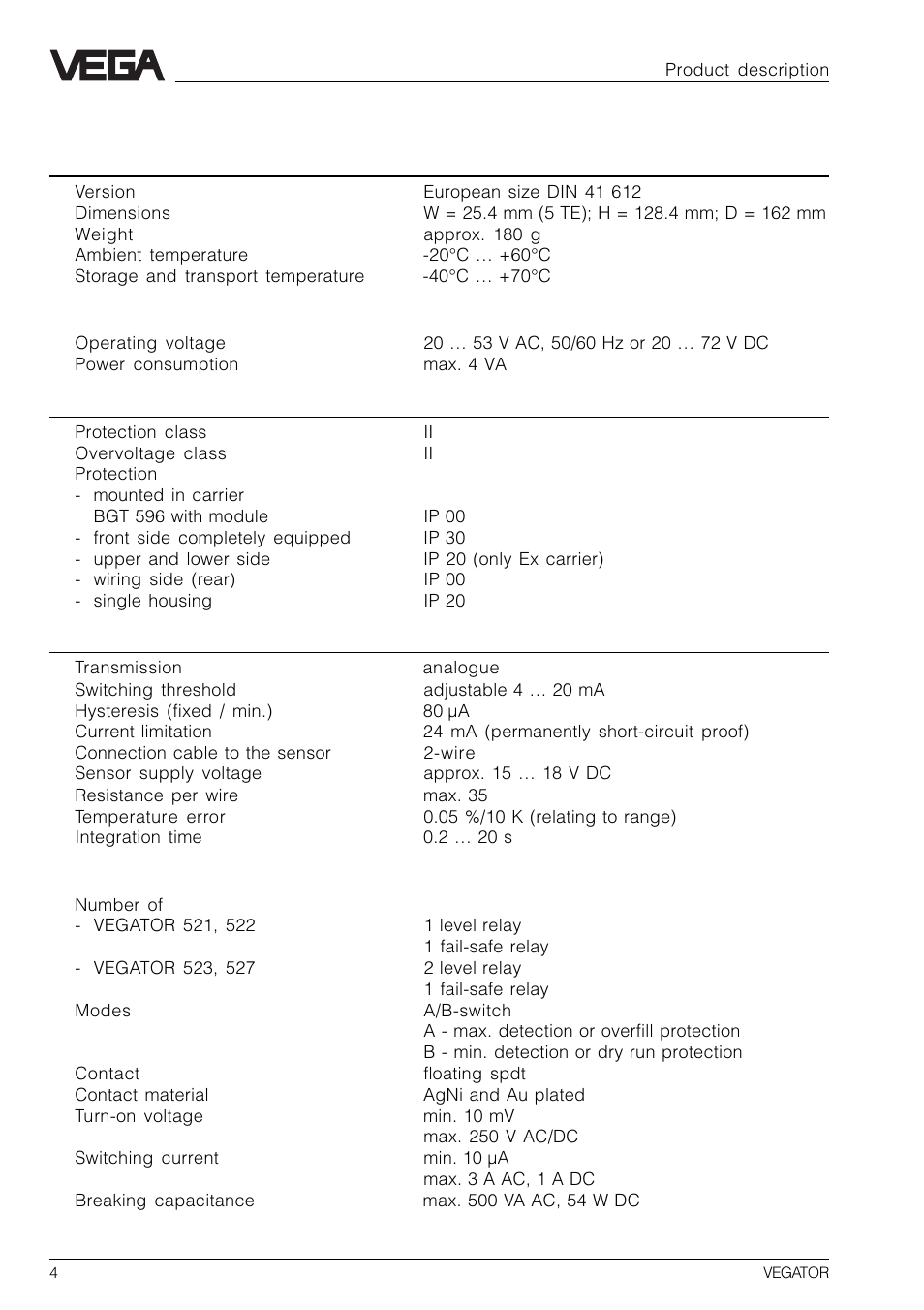 4 technical data | VEGA VEGATOR 521, 522, 523, 527 User Manual | Page 4 / 24