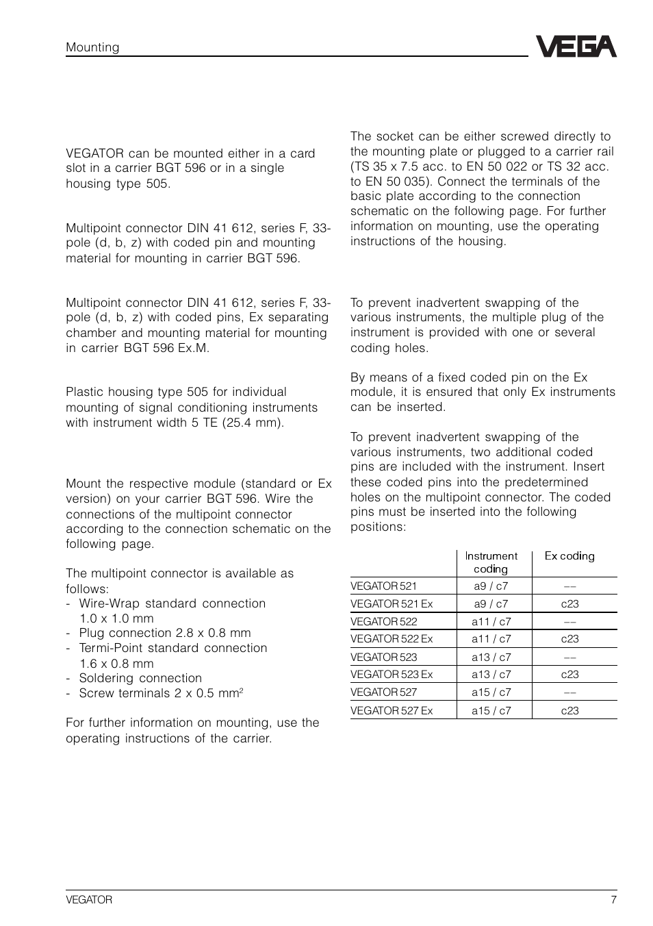 2 mounting, 1 mounting instructions, Mounting carrier | Mounting single housing, Coding | VEGA VEGATOR 521, 522, 523, 527 User Manual | Page 7 / 24