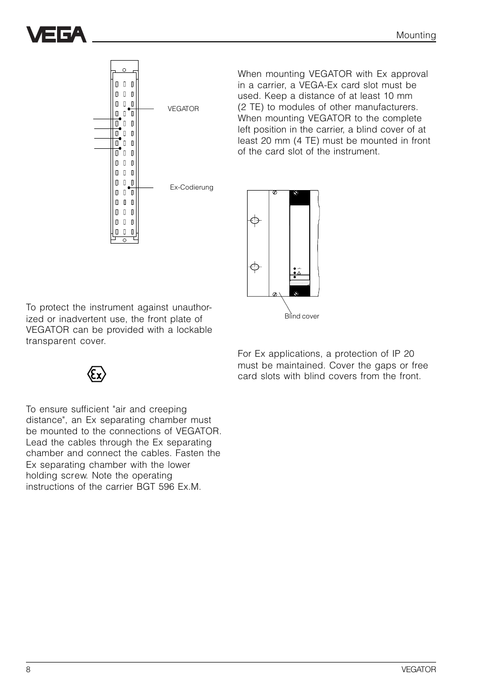 Transparent cover, Ex version, Mounting | VEGA VEGATOR 521, 522, 523, 527 User Manual | Page 8 / 24