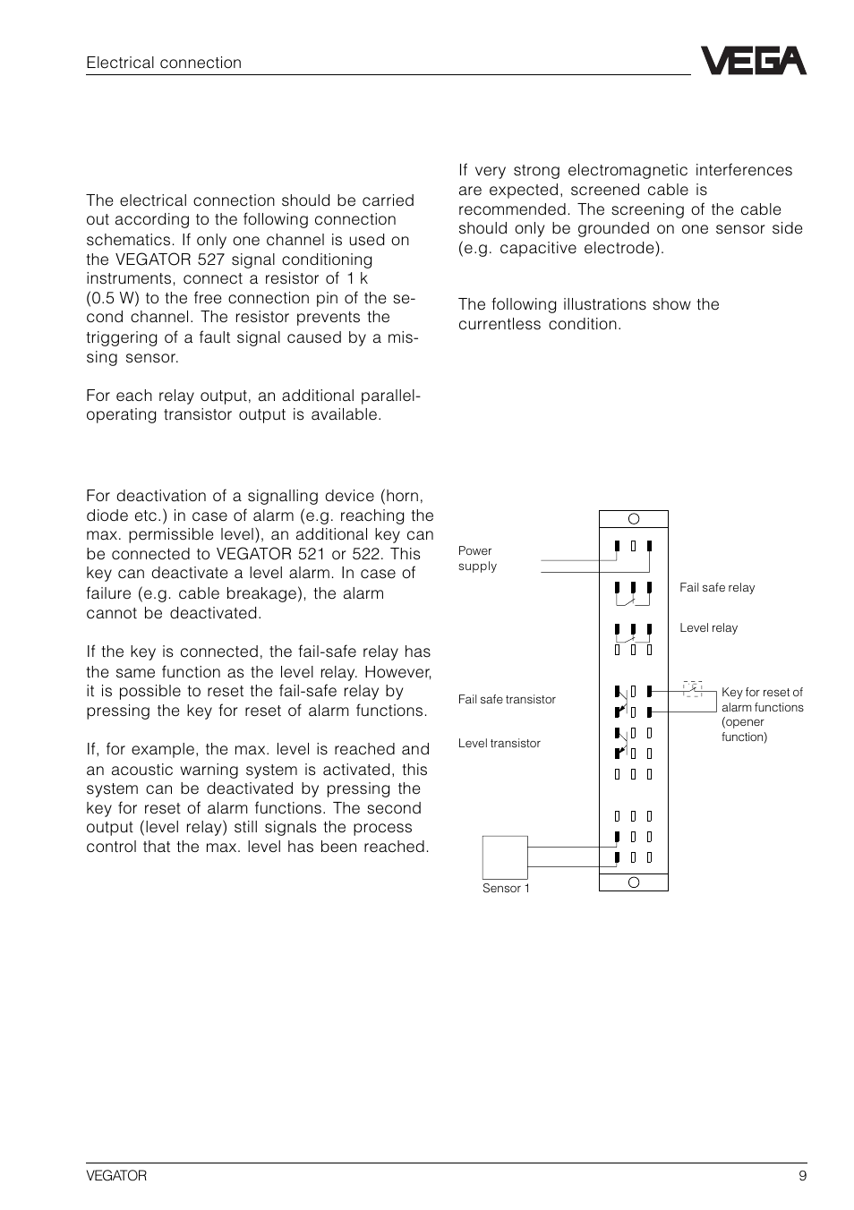3 electrical connection, 1 connection instructions, 2 connection schematic | Reset of alarm functions | VEGA VEGATOR 521, 522, 523, 527 User Manual | Page 9 / 24