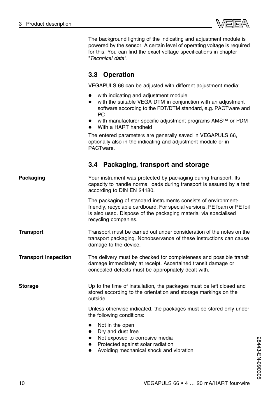 3 operation, 4 packaging, transport and storage | VEGA VEGAPULS 66 (≥ 2.0.0 - ≤ 3.8) 4 … 20 mA_HART four-wire User Manual | Page 10 / 60