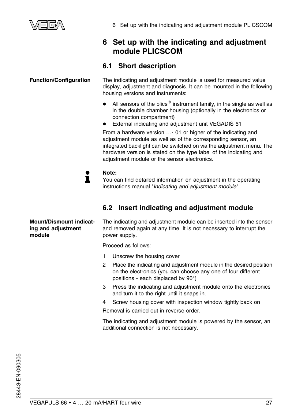 1 short description, 2 insert indicating and adjustment module | VEGA VEGAPULS 66 (≥ 2.0.0 - ≤ 3.8) 4 … 20 mA_HART four-wire User Manual | Page 27 / 60