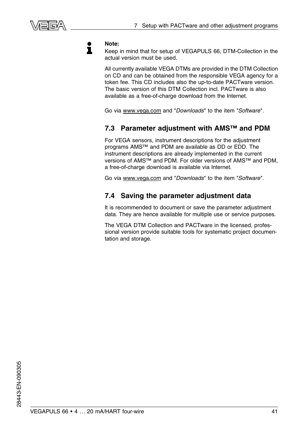 3 parameter adjustment with ams™ and pdm, 4 saving the parameter adjustment data | VEGA VEGAPULS 66 (≥ 2.0.0 - ≤ 3.8) 4 … 20 mA_HART four-wire User Manual | Page 41 / 60