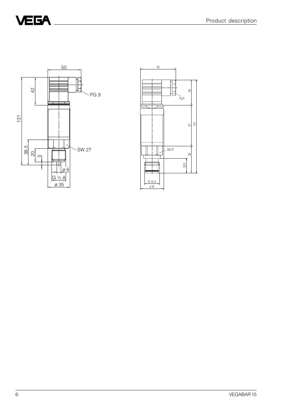 4 dimensions, Product description | VEGA VEGABAR 15 User Manual | Page 6 / 8