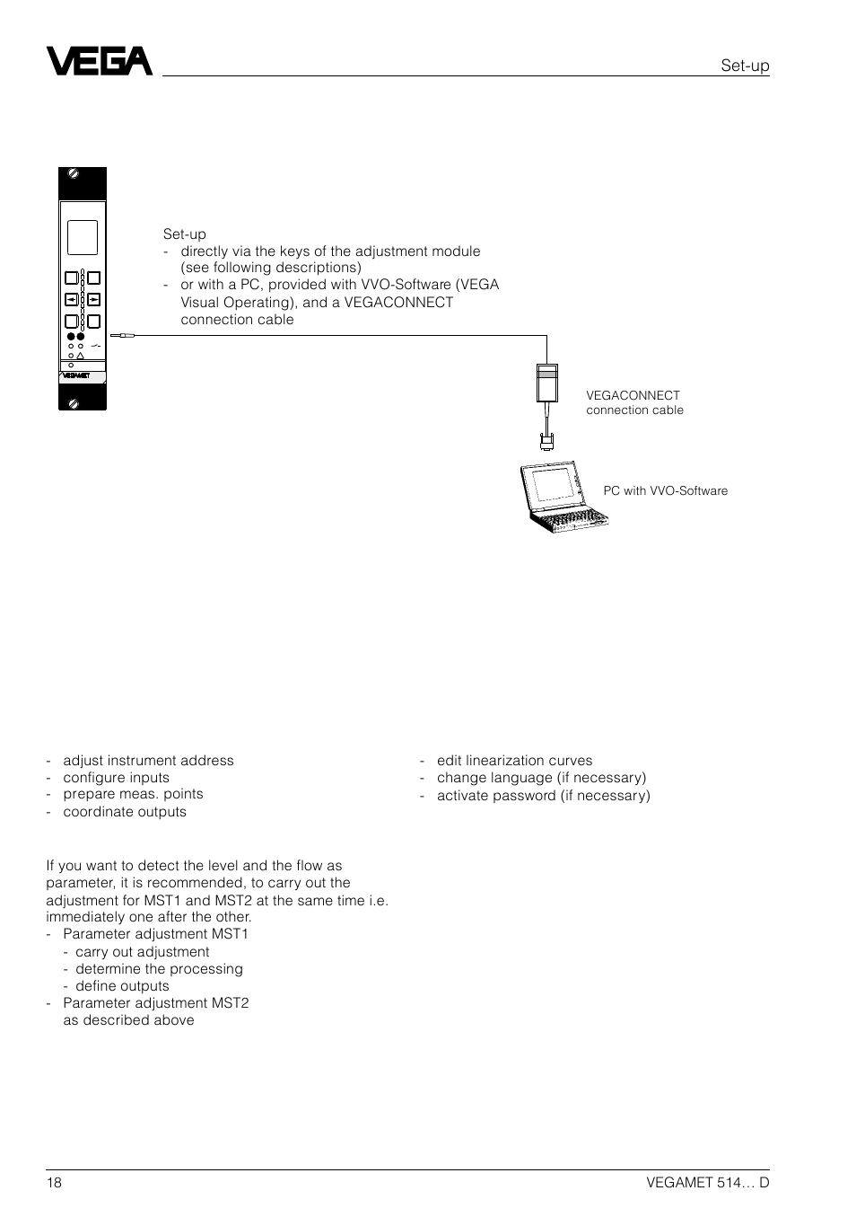 4 adjustment via pc, 5 set-up sequence, Set-up | Configuration, Parameter adjustment, Additional functions | VEGA VEGAMET 514… D User Manual | Page 18 / 52