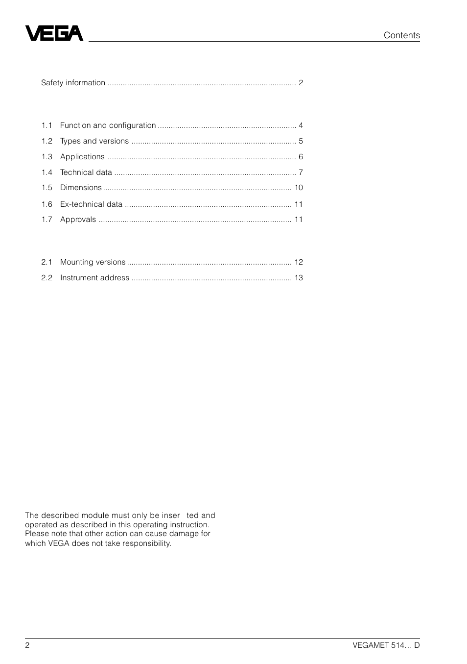 VEGA VEGAMET 514… D User Manual | Page 2 / 52