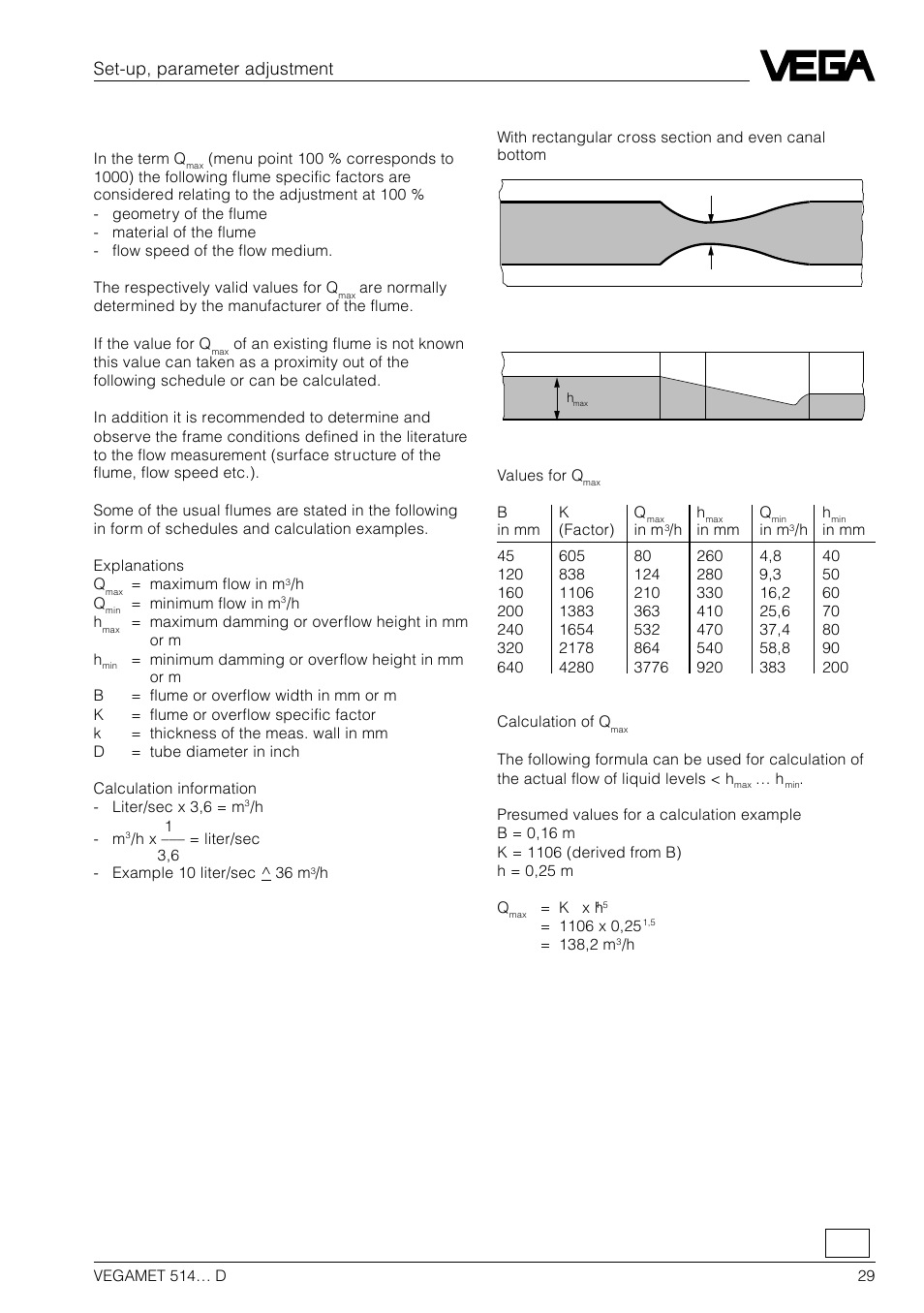 Set-up, parameter adjustment max. flow, q | VEGA VEGAMET 514… D User Manual | Page 29 / 52