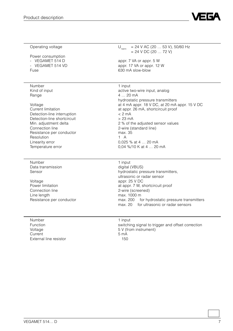 4 technical data | VEGA VEGAMET 514… D User Manual | Page 7 / 52