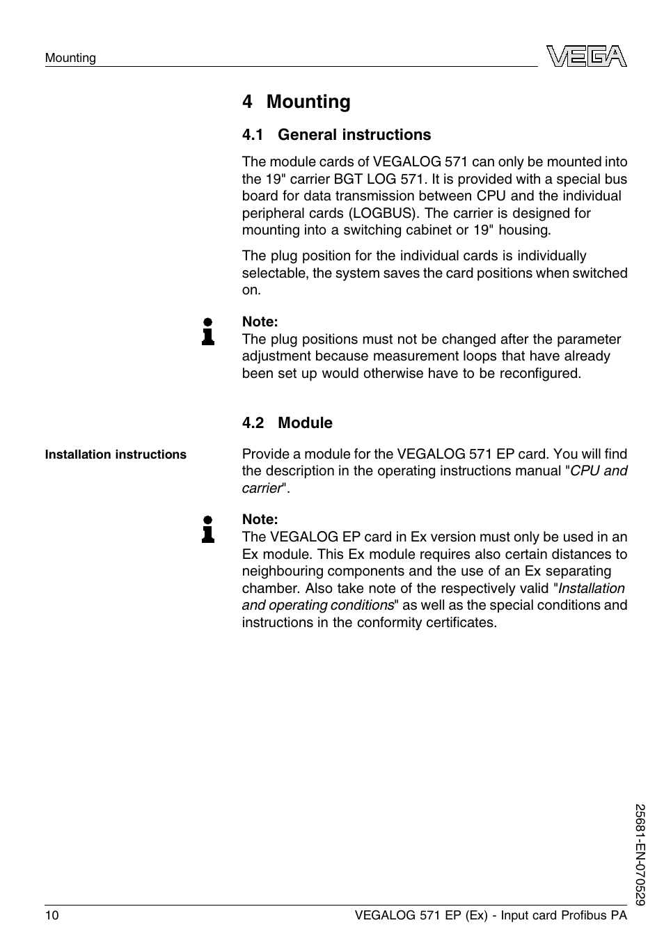 4 mounting, 1 general instructions, 2 module | VEGA VEGALOG 571 EP (Ex) User Manual | Page 10 / 32