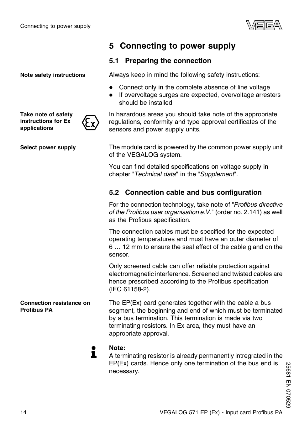 5 connecting to power supply, 1 preparing the connection, 2 connection cable and bus configuration | VEGA VEGALOG 571 EP (Ex) User Manual | Page 14 / 32