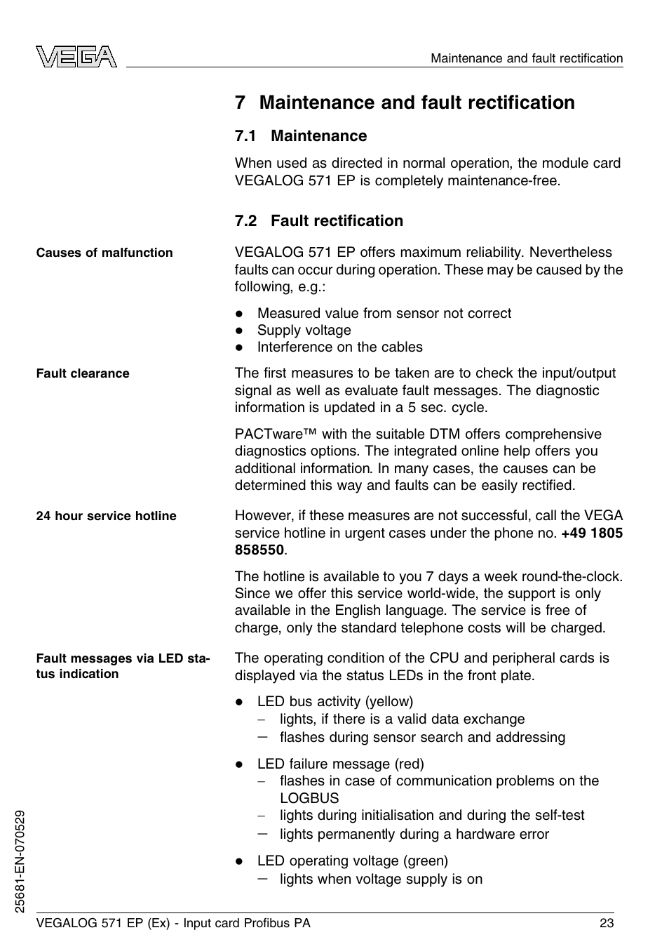 7 maintenance and fault rectification, 1 maintenance, 2 fault rectification | 7 maintenance and fault rectiﬁcation | VEGA VEGALOG 571 EP (Ex) User Manual | Page 23 / 32