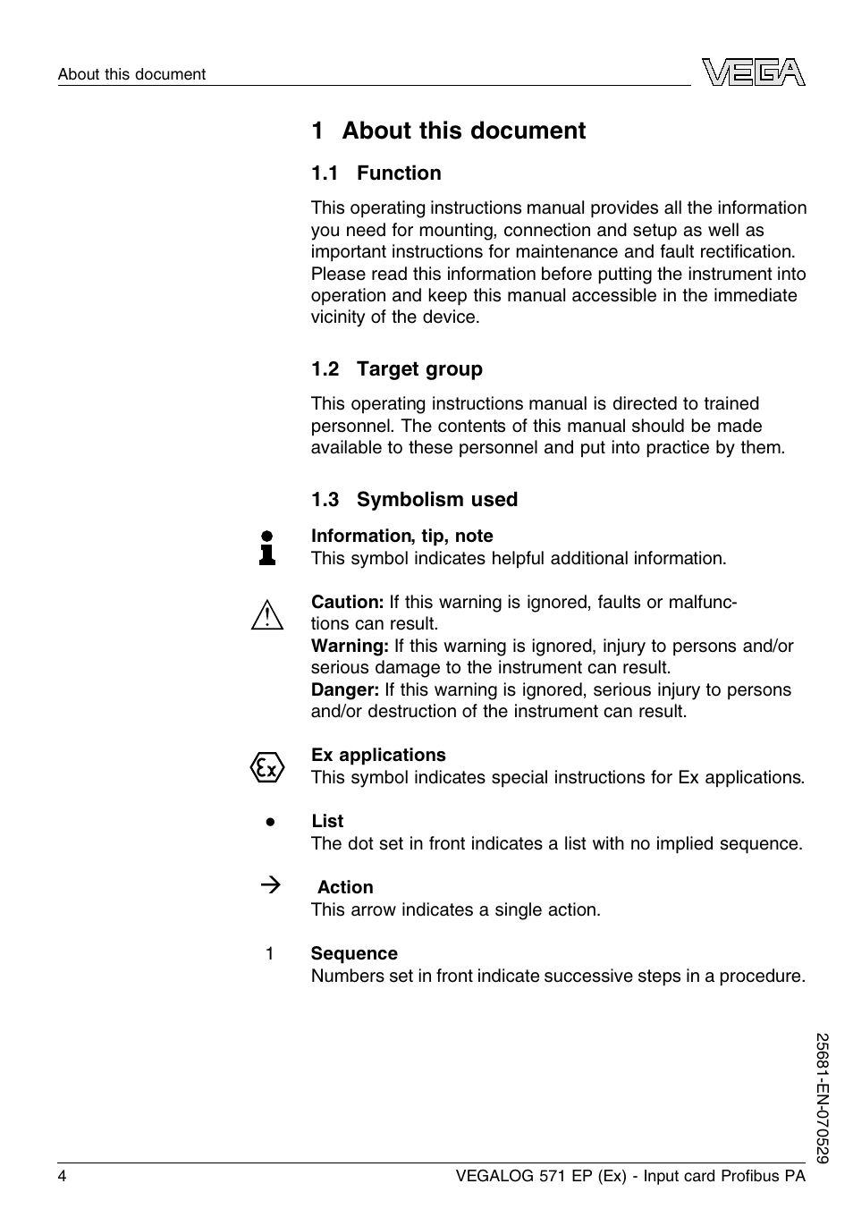1 about this document, 1 function, 2 target group | 3 symbolism used | VEGA VEGALOG 571 EP (Ex) User Manual | Page 4 / 32