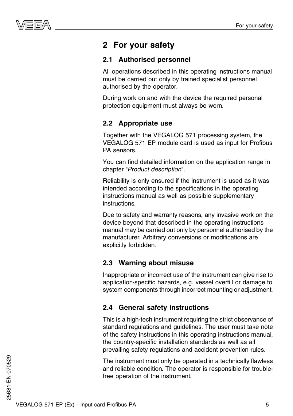 2 for your safety, 1 authorised personnel, 2 appropriate use | 3 warning about misuse, 4 general safety instructions | VEGA VEGALOG 571 EP (Ex) User Manual | Page 5 / 32
