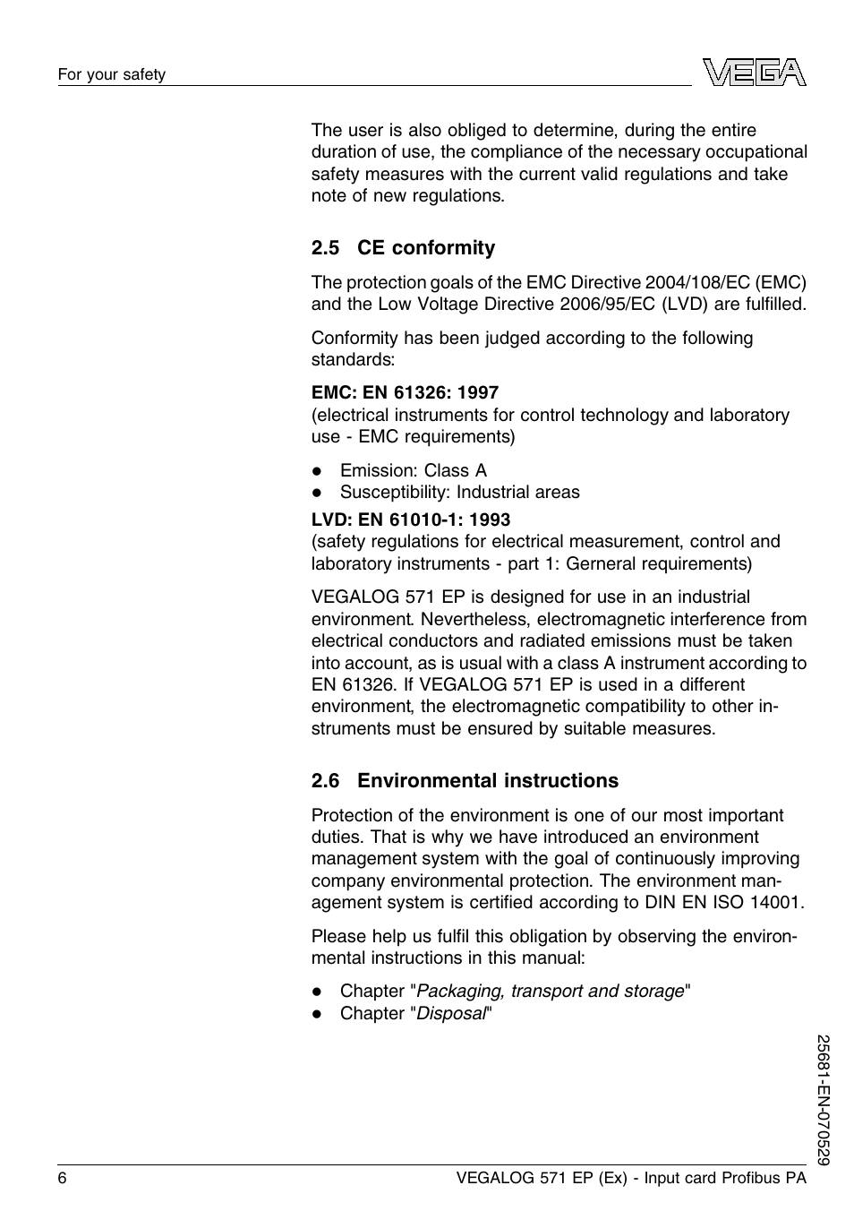 5 ce conformity, 6 environmental instructions | VEGA VEGALOG 571 EP (Ex) User Manual | Page 6 / 32