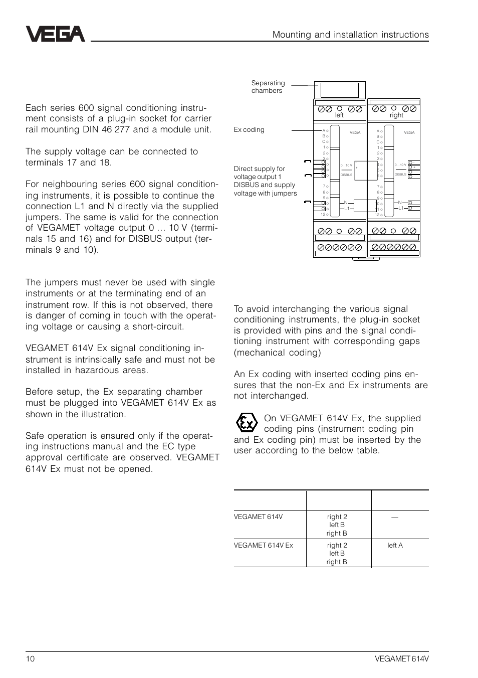 2 mounting and installation instructions, Mounting, Coding | Mounting and installation instructions | VEGA VEGAMET 614V User Manual | Page 10 / 56