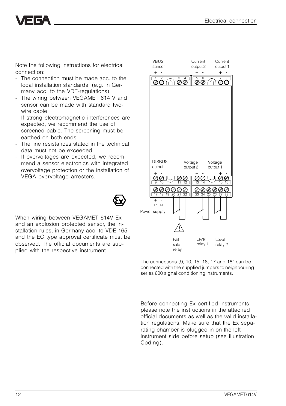 3 electrical connection, 1 connection instructions, 2 wiring plan | VEGA VEGAMET 614V User Manual | Page 12 / 56