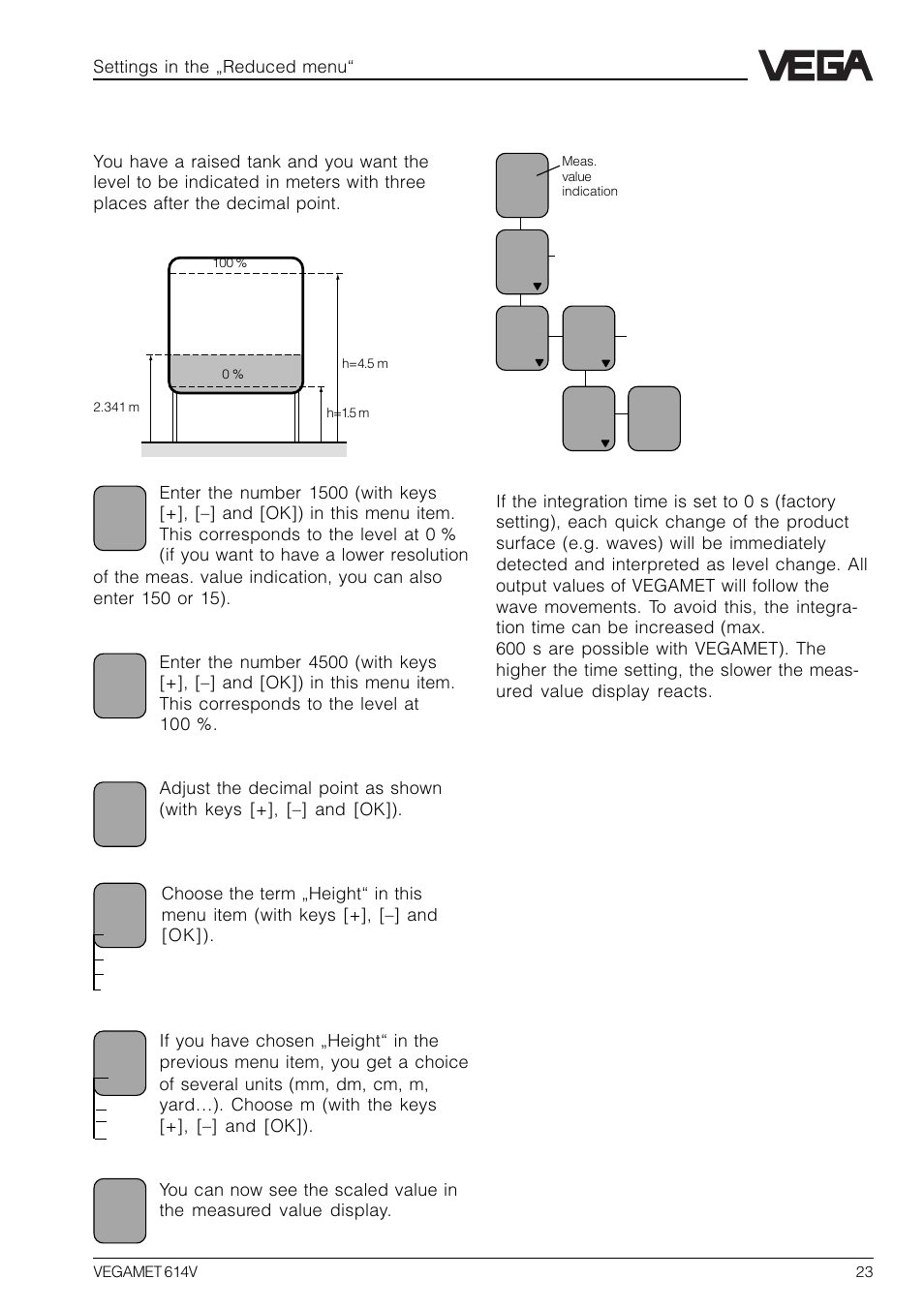 6 integration time, Settings in the „reduced menu | VEGA VEGAMET 614V User Manual | Page 23 / 56