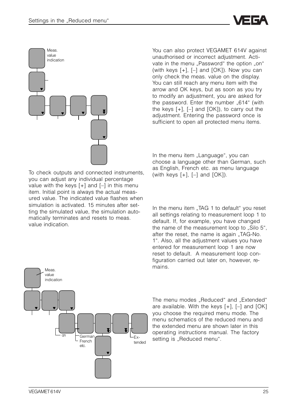 9 password, language, reset, menu mode, 8 simulation, Password | Language, Reset, Menu mode | VEGA VEGAMET 614V User Manual | Page 25 / 56