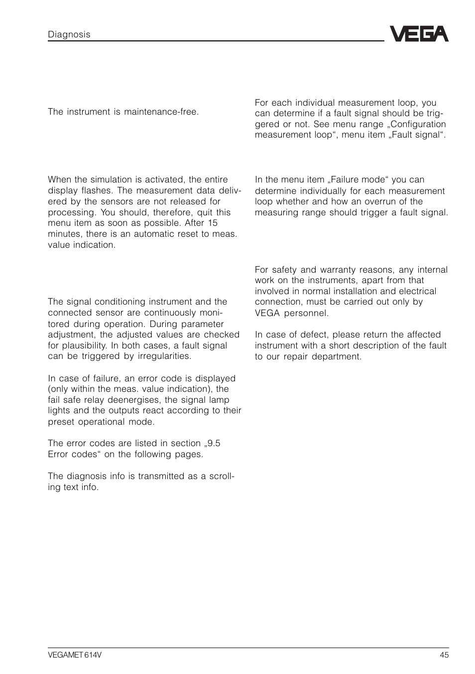 9 diagnosis, 1 maintenance, 2 simulation | 3 fault signal, 4 repair | VEGA VEGAMET 614V User Manual | Page 45 / 56