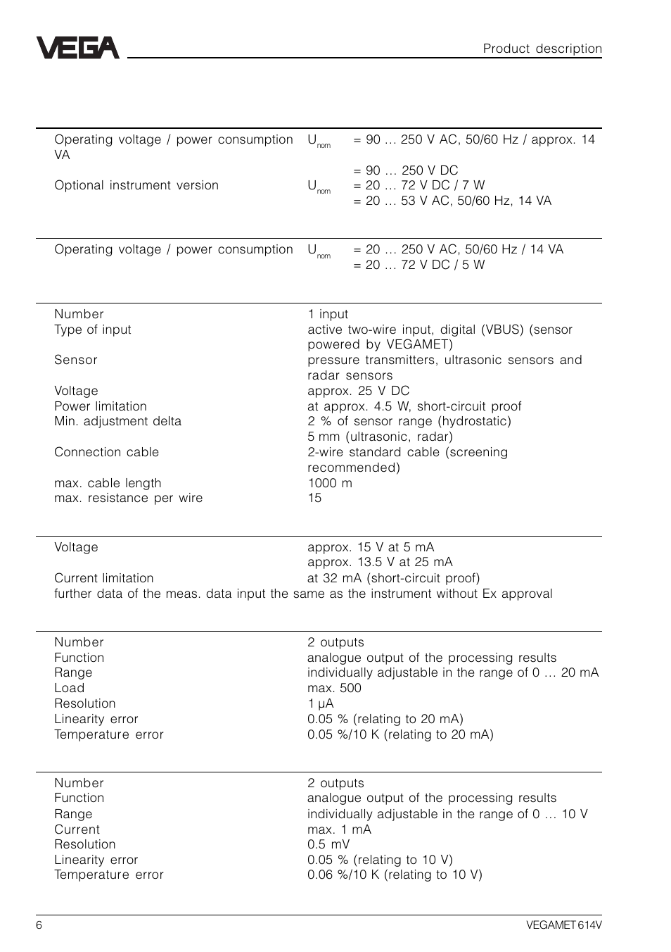 4 technical data | VEGA VEGAMET 614V User Manual | Page 6 / 56
