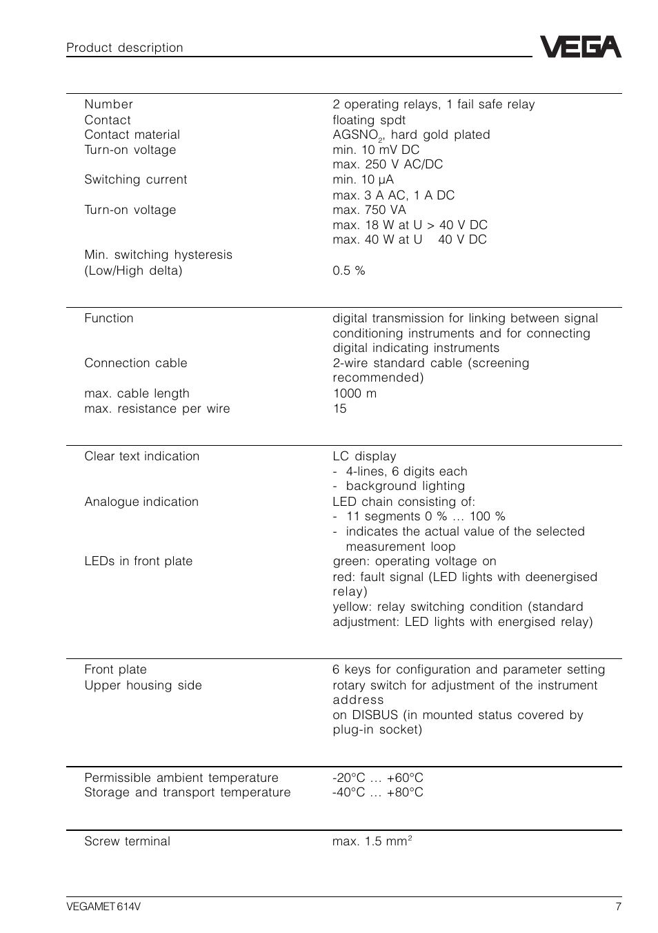 VEGA VEGAMET 614V User Manual | Page 7 / 56
