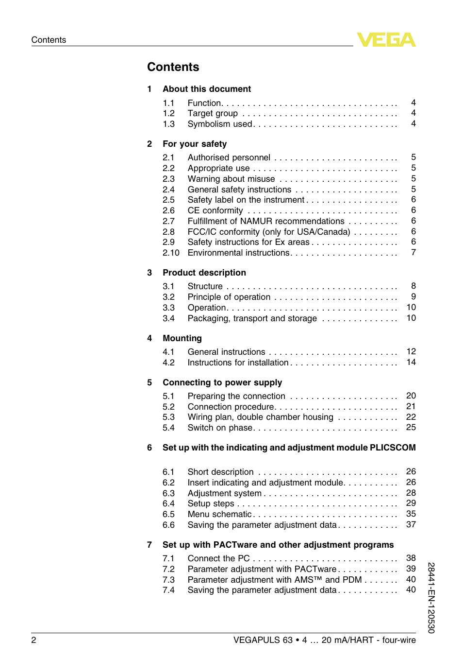 VEGA VEGAPULS 63 (≥ 2.0.0 - ≤ 3.8) 4 … 20 mA_HART - four-wire User Manual | Page 2 / 60