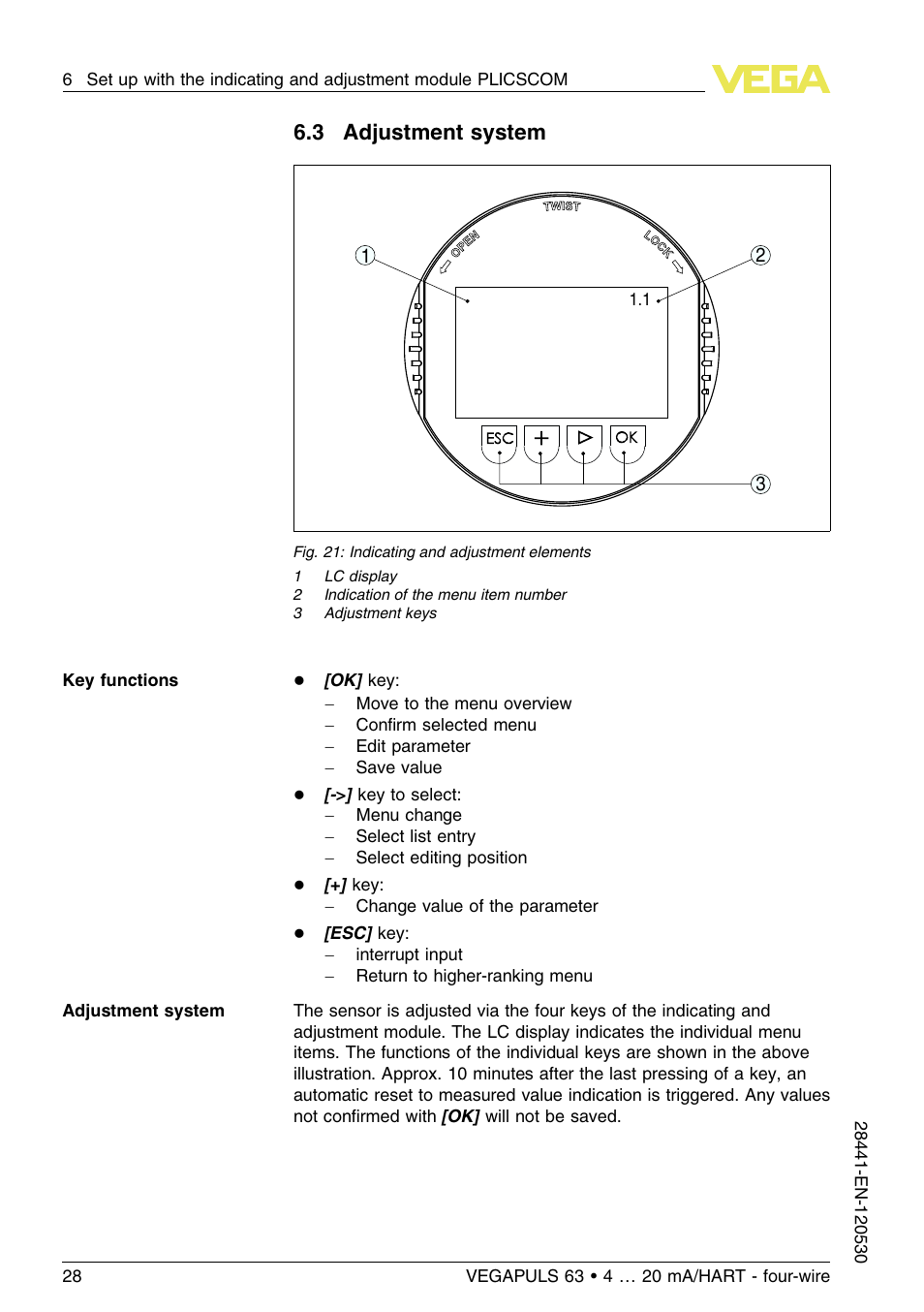 3 adjustment system | VEGA VEGAPULS 63 (≥ 2.0.0 - ≤ 3.8) 4 … 20 mA_HART - four-wire User Manual | Page 28 / 60