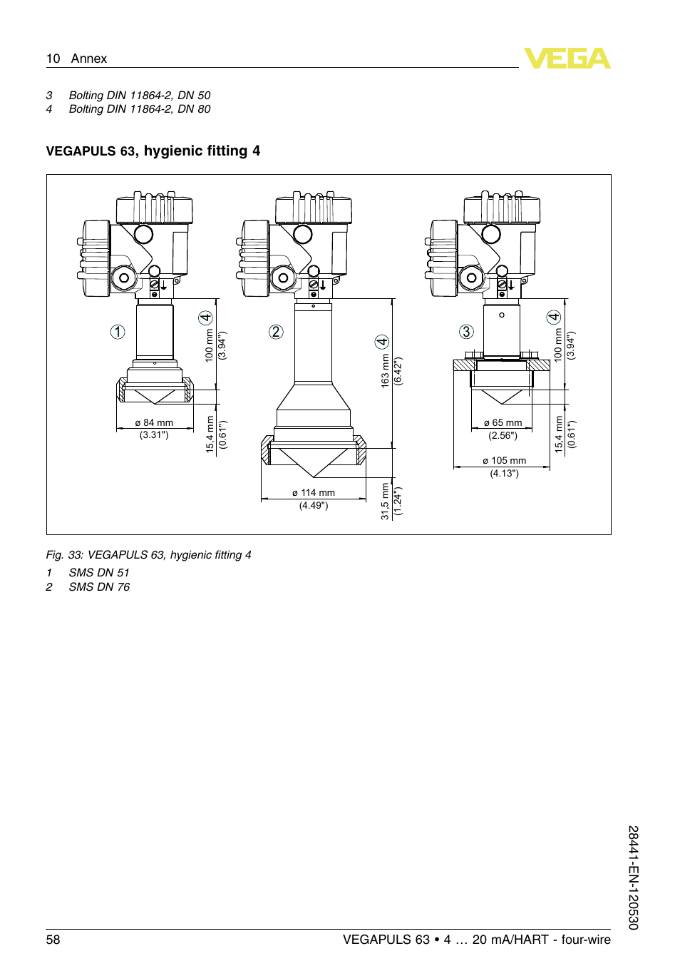 Hygienic ﬁtting 4 | VEGA VEGAPULS 63 (≥ 2.0.0 - ≤ 3.8) 4 … 20 mA_HART - four-wire User Manual | Page 58 / 60