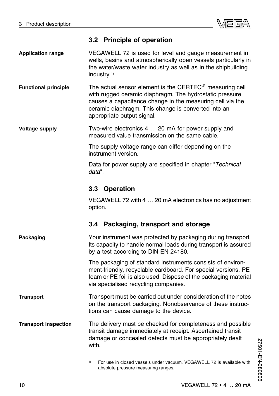 2 principle of operation, 3 operation, 4 packaging, transport and storage | VEGA VEGAWELL 72 4 … 20 mA User Manual | Page 10 / 40