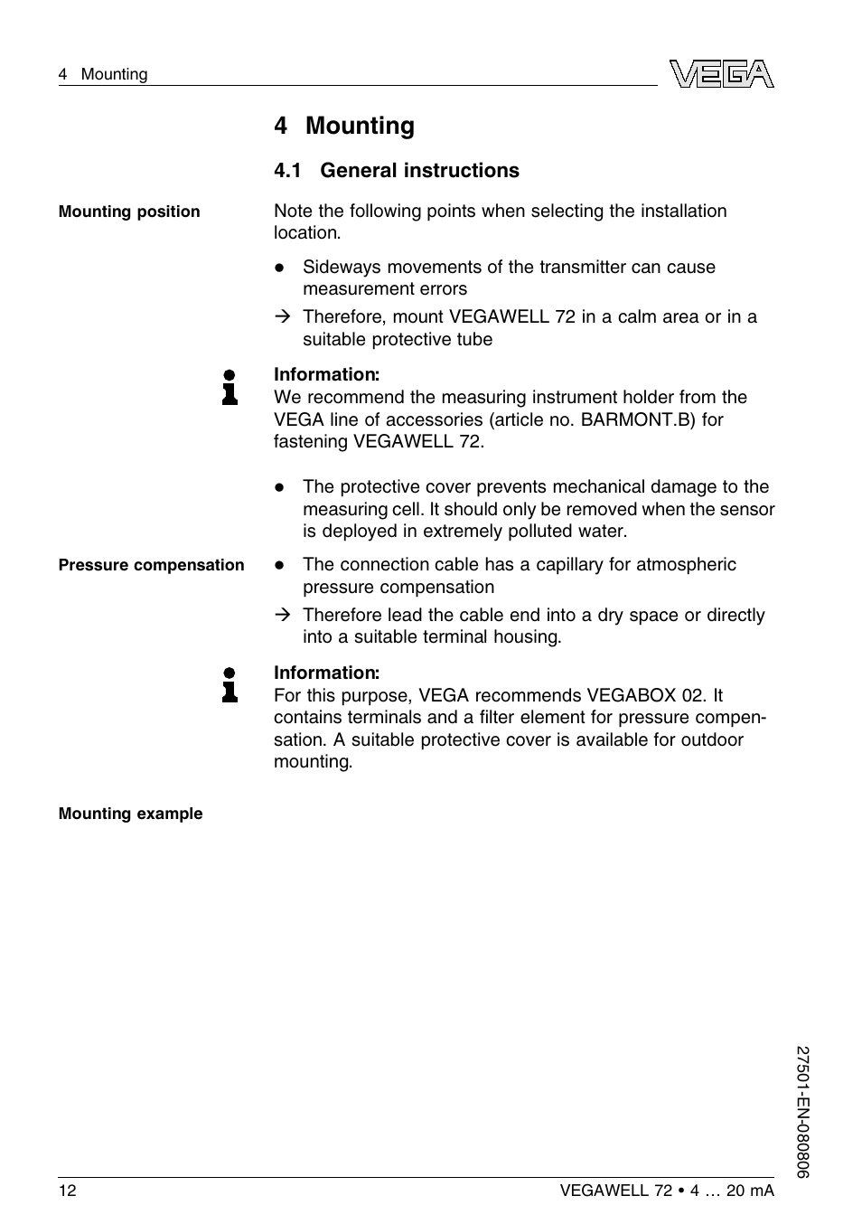 4 mounting, 1 general instructions, 4 m ounting | VEGA VEGAWELL 72 4 … 20 mA User Manual | Page 12 / 40