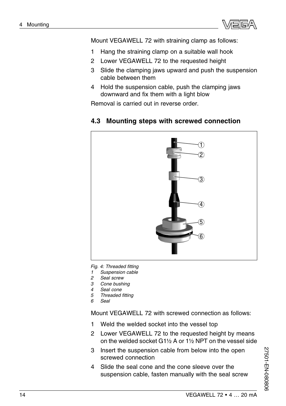 3 mounting steps with screwed connection | VEGA VEGAWELL 72 4 … 20 mA User Manual | Page 14 / 40