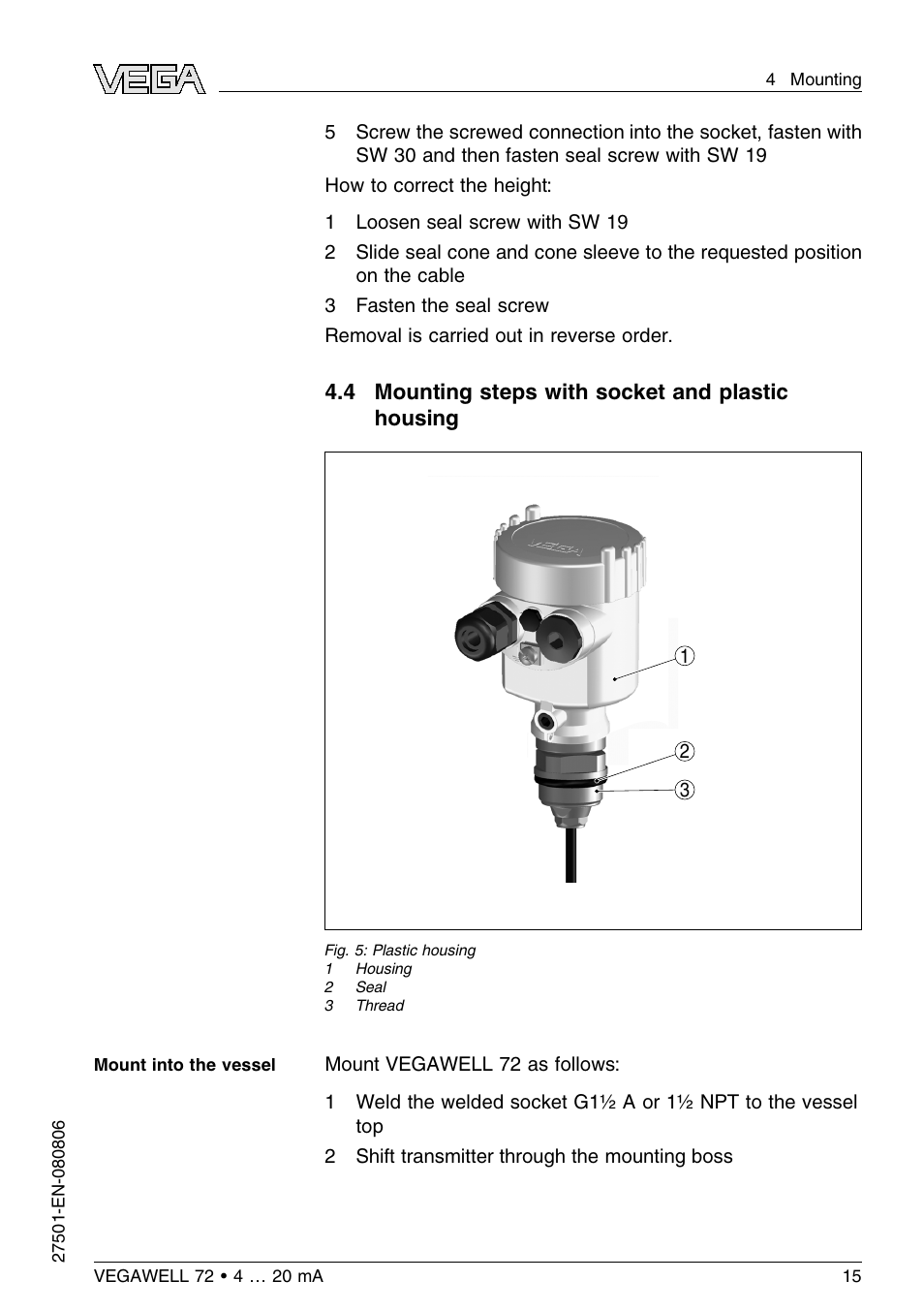 4 mounting steps with socket and plastic housing | VEGA VEGAWELL 72 4 … 20 mA User Manual | Page 15 / 40