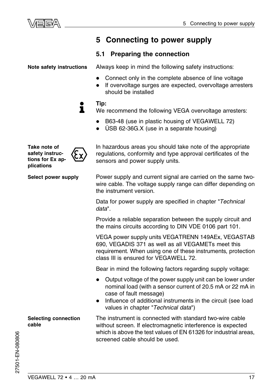 5 connecting to power supply, 1 preparing the connection, 5 c onnecting to power supply | VEGA VEGAWELL 72 4 … 20 mA User Manual | Page 17 / 40