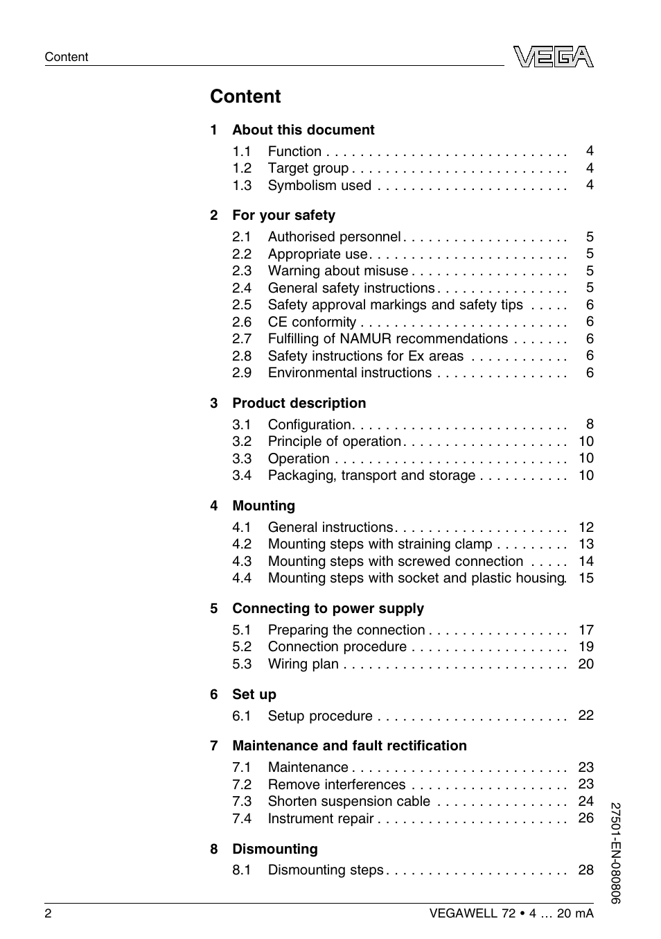 Content | VEGA VEGAWELL 72 4 … 20 mA User Manual | Page 2 / 40