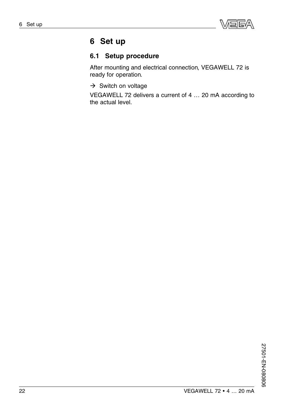 6 set up, 1 setup procedure, 6 s et up | VEGA VEGAWELL 72 4 … 20 mA User Manual | Page 22 / 40