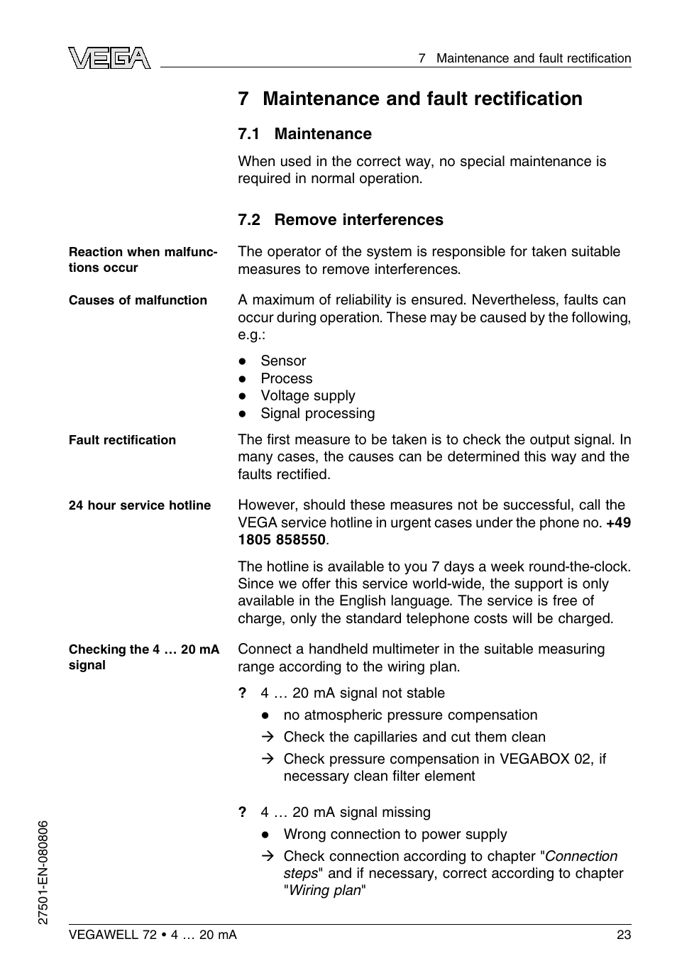 7 maintenance and fault rectification, 1 maintenance, 2 remove interferences | 7 m aintenance and fault rectiﬁcation | VEGA VEGAWELL 72 4 … 20 mA User Manual | Page 23 / 40