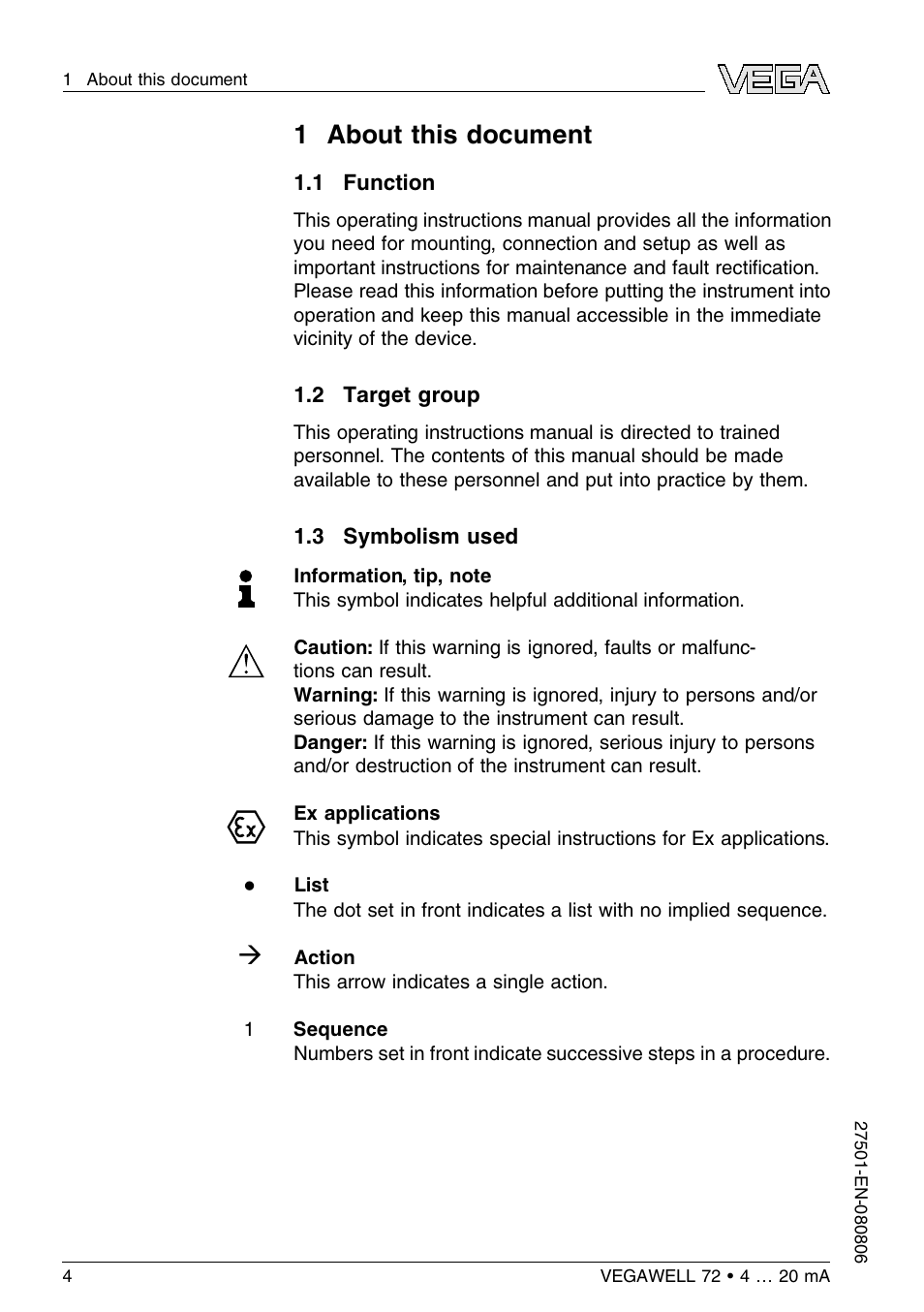 1 about this document, 1 function, 2 target group | 3 symbolism used, 1 a bout this document | VEGA VEGAWELL 72 4 … 20 mA User Manual | Page 4 / 40