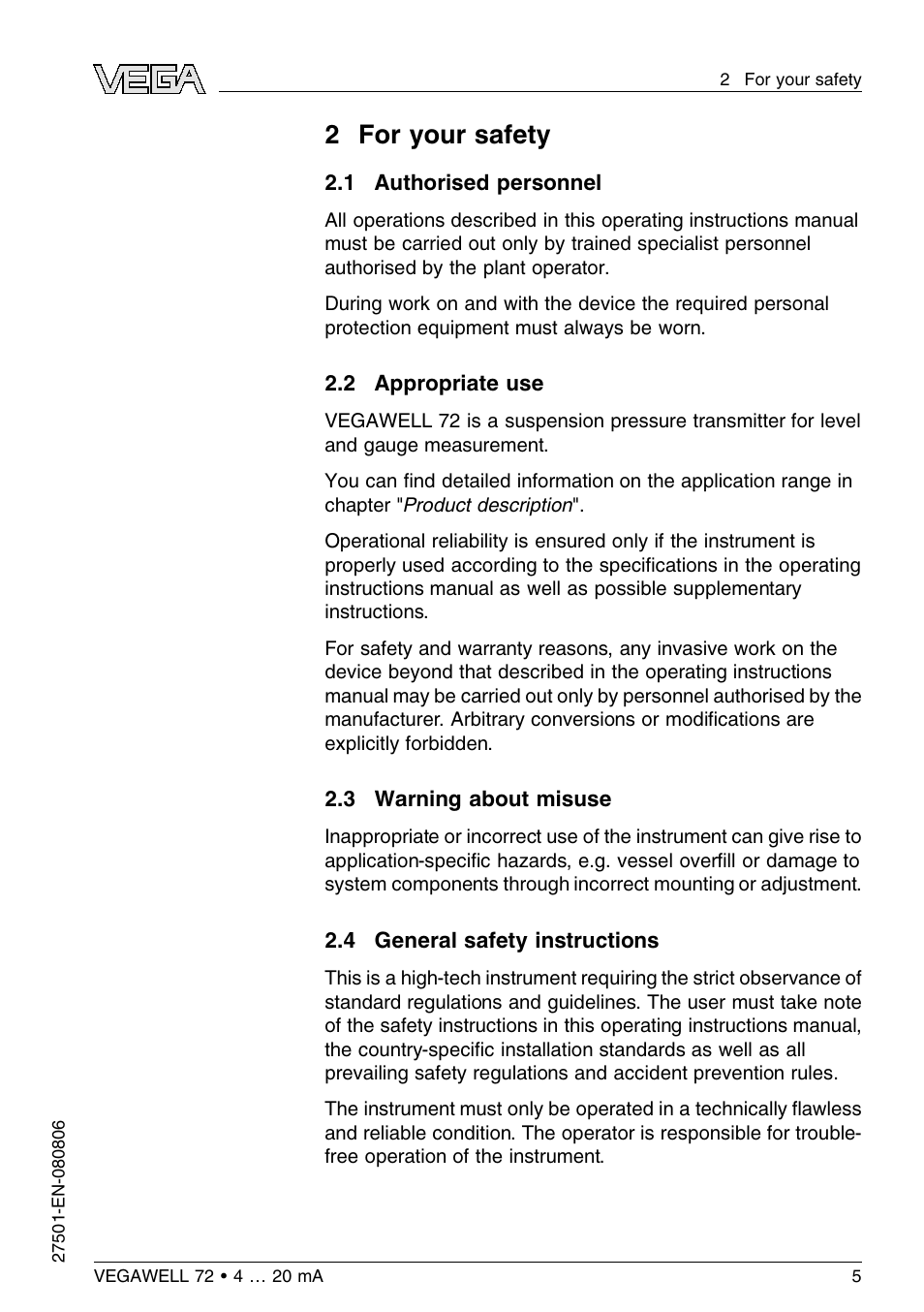 2 for your safety, 1 authorised personnel, 2 appropriate use | 3 warning about misuse, 4 general safety instructions, 2 f or your safety | VEGA VEGAWELL 72 4 … 20 mA User Manual | Page 5 / 40