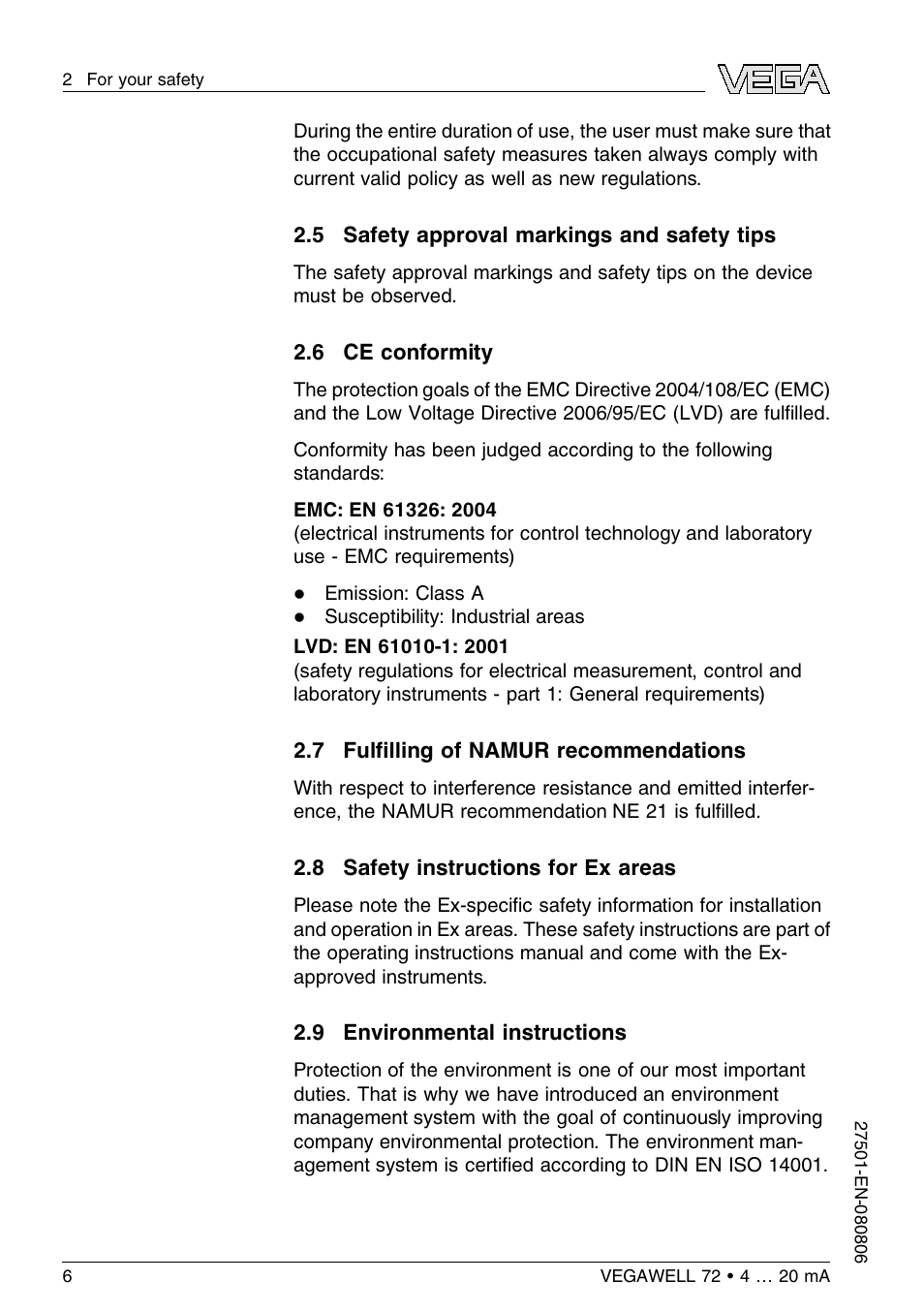 5 safety approval markings and safety tips, 6 ce conformity, 7 fulfilling of namur recommendations | 8 safety instructions for ex areas, 9 environmental instructions | VEGA VEGAWELL 72 4 … 20 mA User Manual | Page 6 / 40