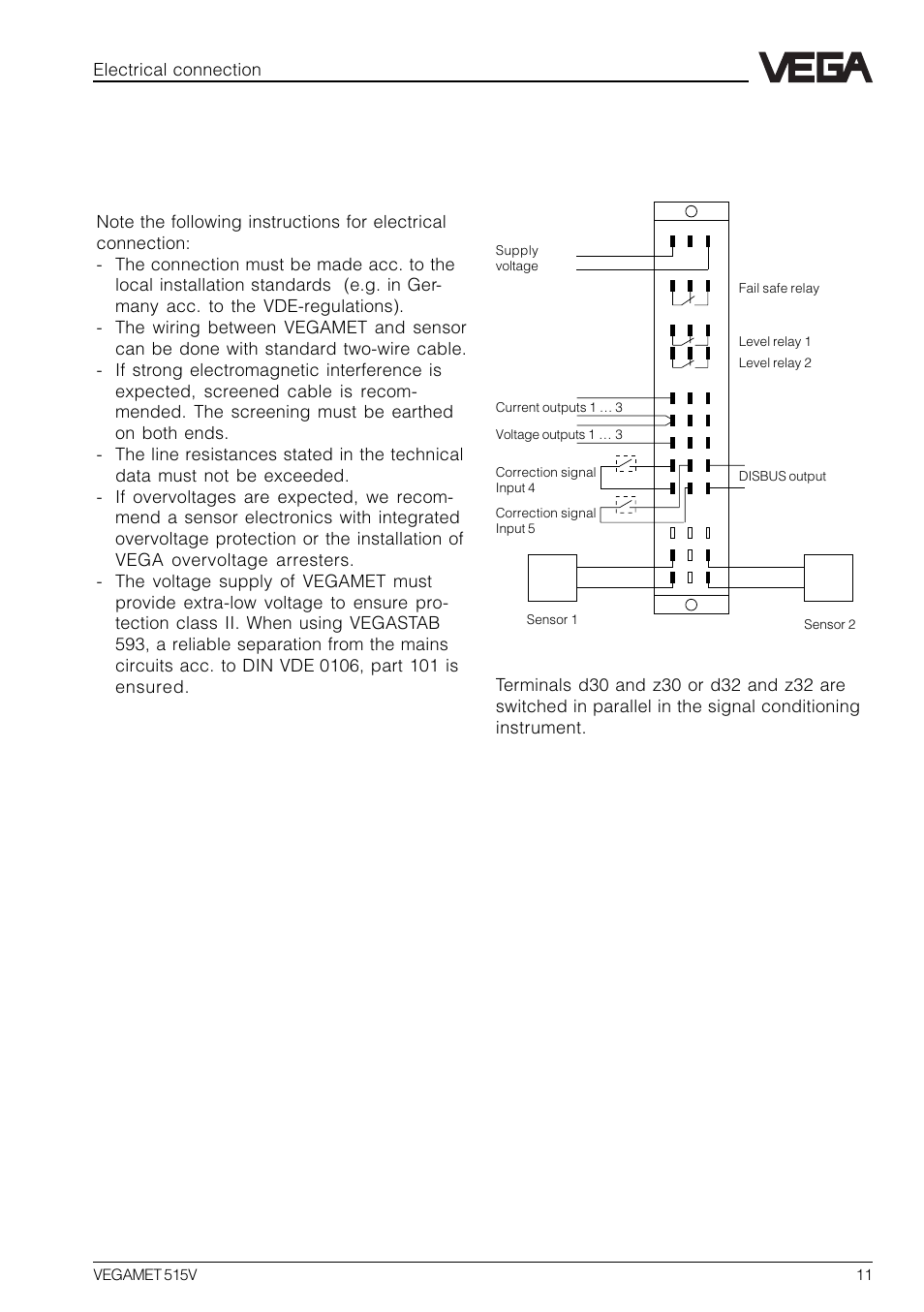 3 electrical connection, 1 connection instructions, 2 wiring plan | Electrical connection | VEGA VEGAMET 515V User Manual | Page 11 / 64
