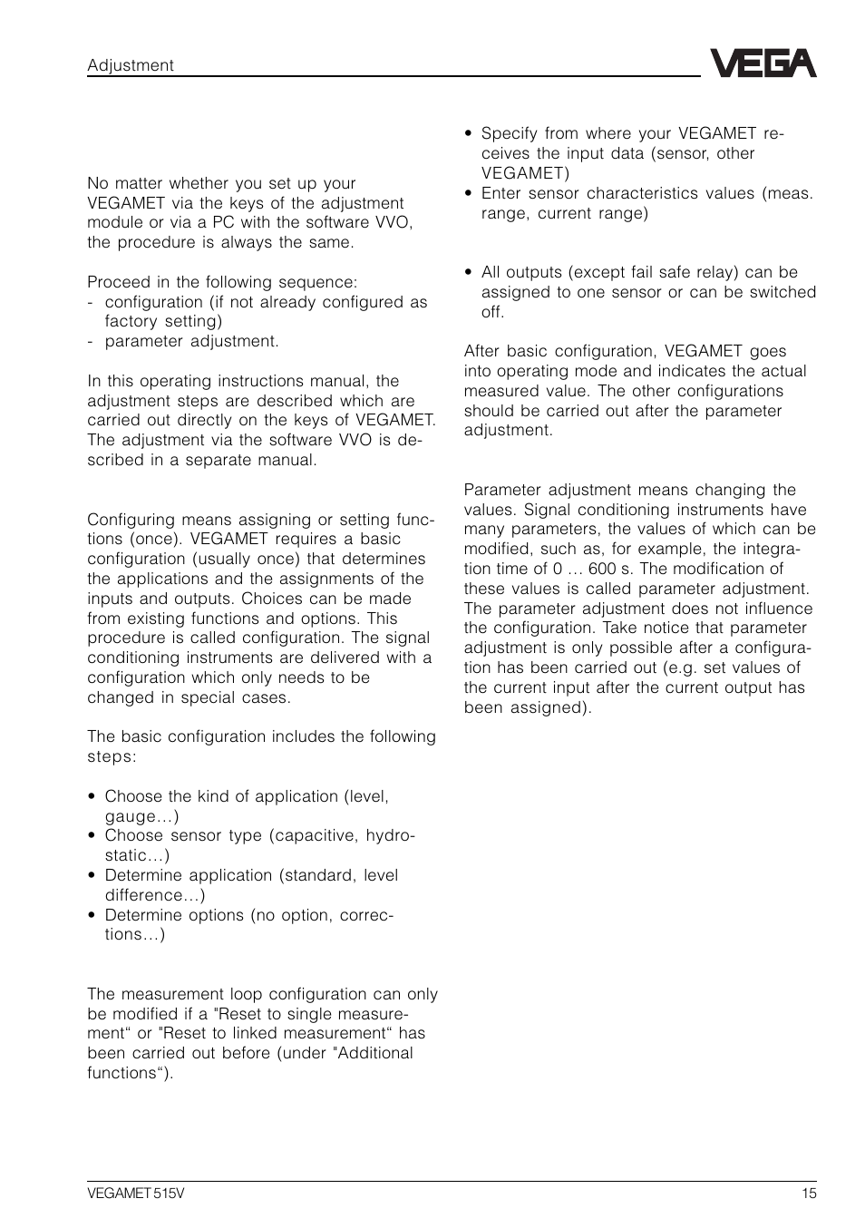 4 configuration and parameter adjustment, 4 configuration and parameter ad- justment | VEGA VEGAMET 515V User Manual | Page 15 / 64