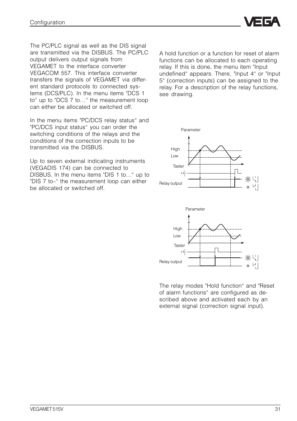 Relay outputs, Configuration, Reset of alarm functions | VEGA VEGAMET 515V User Manual | Page 31 / 64