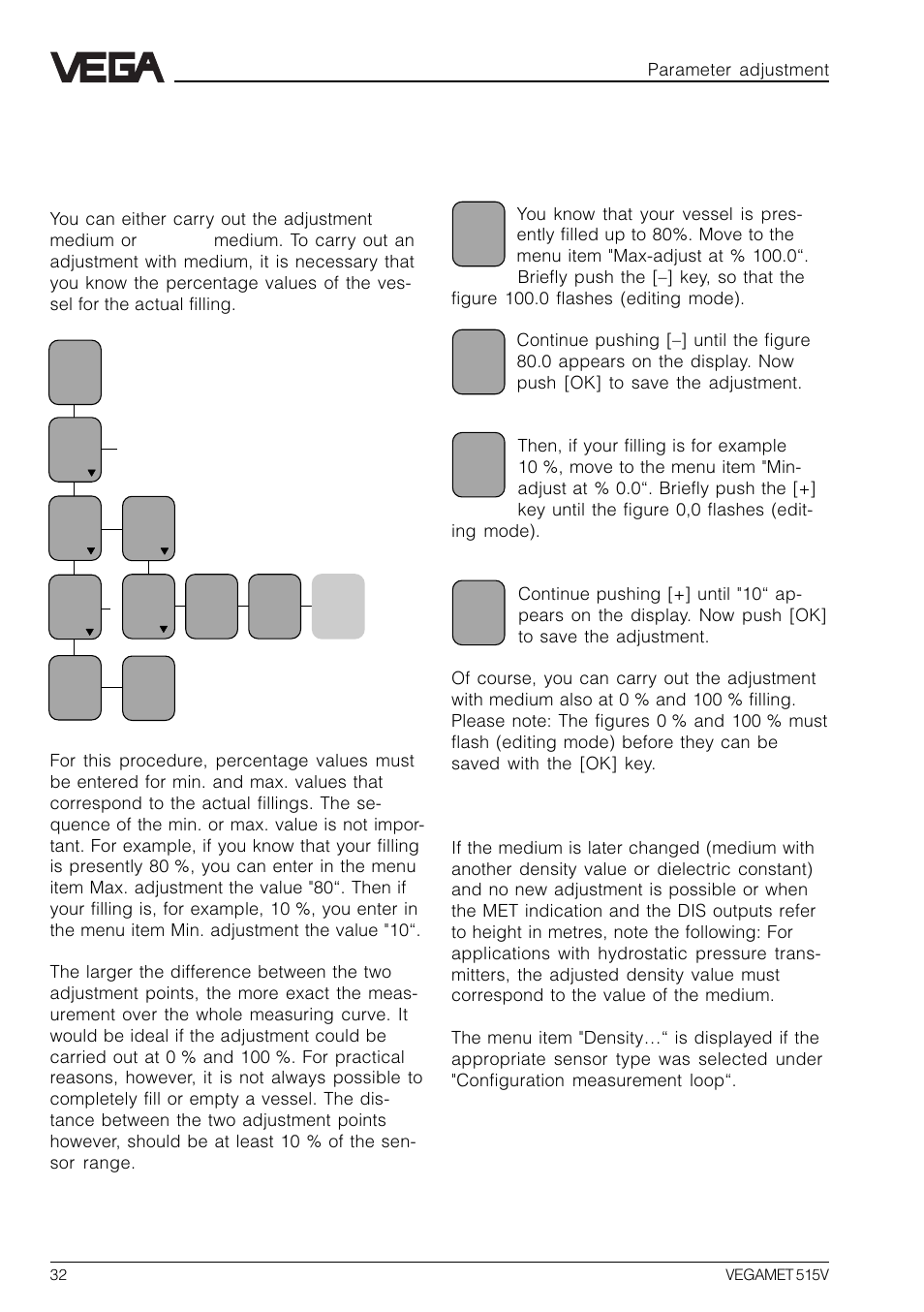 7 parameter adjustment, 1 adjustment with medium | VEGA VEGAMET 515V User Manual | Page 32 / 64