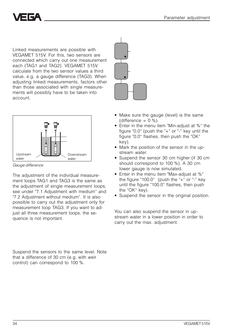 3 adjustment with linked measurements, 3 adjustment with linked measure- ments, Adjustment gauge difference | VEGA VEGAMET 515V User Manual | Page 34 / 64