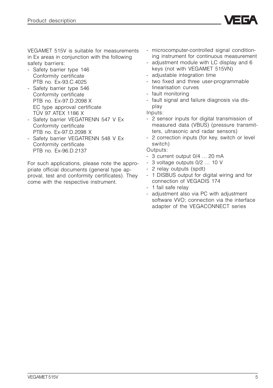 2 approvals, 3 features | VEGA VEGAMET 515V User Manual | Page 5 / 64