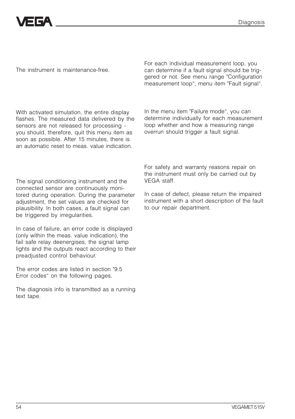 9 diagnosis, 1 maintenance, 2 simulation | 3 fault signal, 4 repair | VEGA VEGAMET 515V User Manual | Page 54 / 64