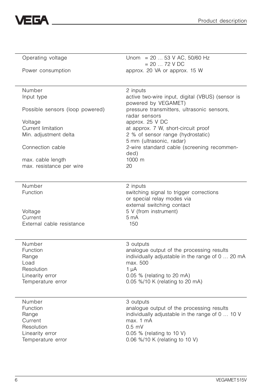 4 technical data | VEGA VEGAMET 515V User Manual | Page 6 / 64