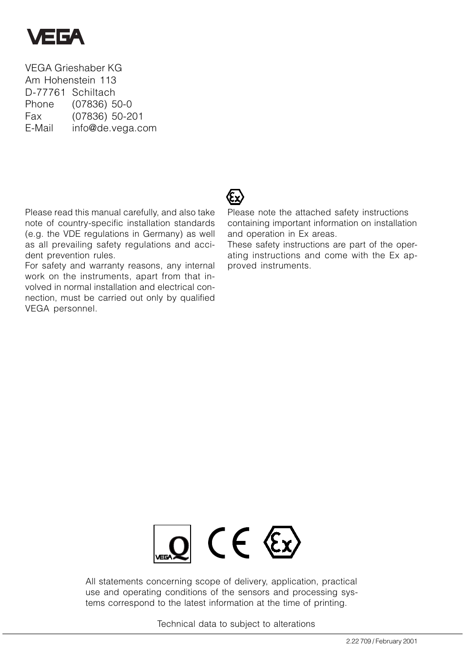 Safety information, Note ex area | VEGA VEGAMET 515V User Manual | Page 64 / 64