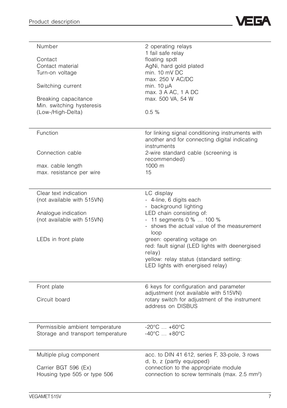 VEGA VEGAMET 515V User Manual | Page 7 / 64